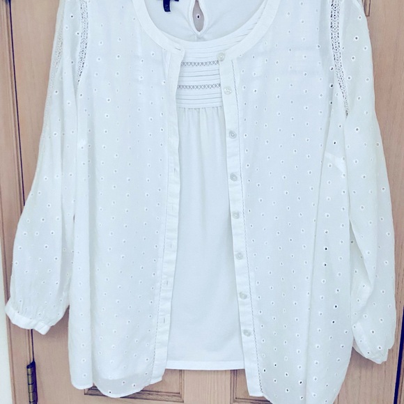 Talbots Women’s 2X White Eyelet Long-sleeve Collarless Top - Picture 4 of 12